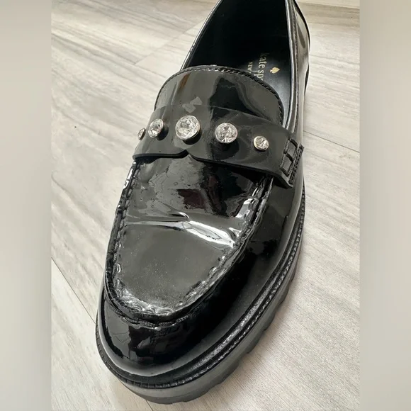 Kate Spade Patent Black Loafers with Rhinestone Accents - Picture 3 of 16